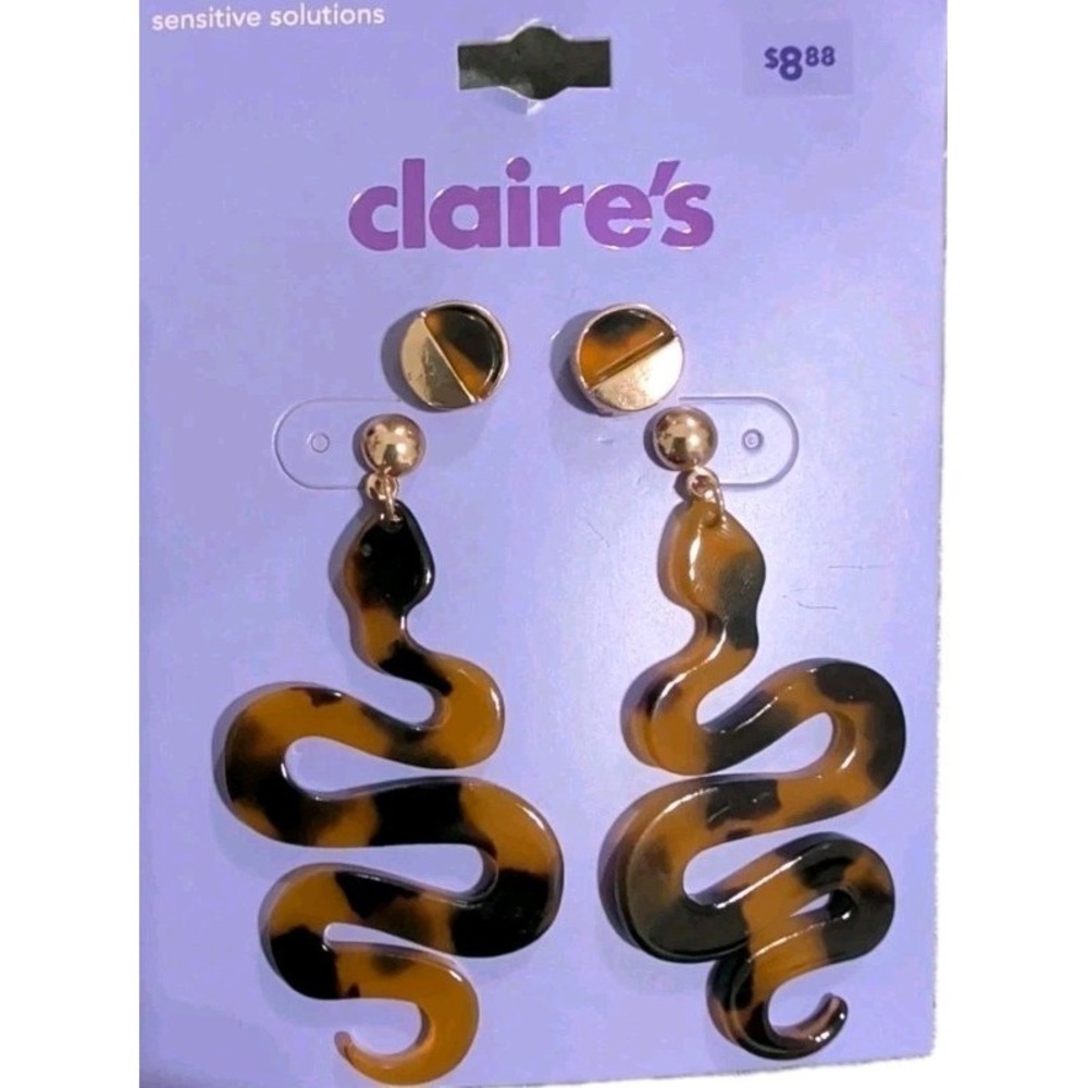 2 Pairs Claire's Gold Tone Tortoise‎ Shell Snake Dangle Stud Earrings New
